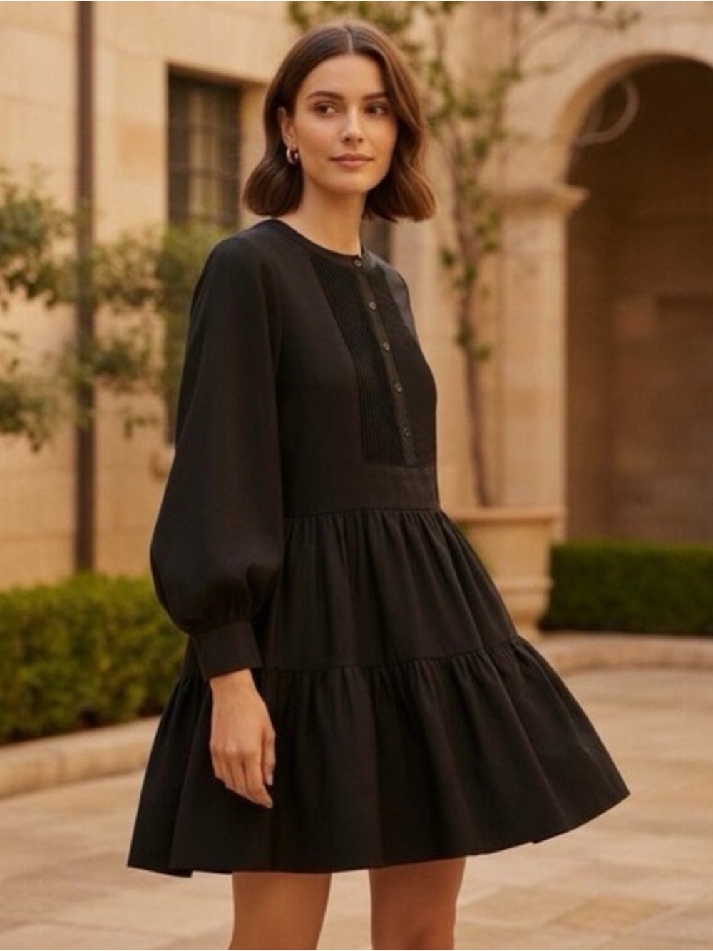Tuckernuck Hyancith Cotton House Black Long-Sleeve Tiered Mini Dress NWT